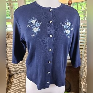 Vintage RAD Navy Cardigan with Embroidered Flowers 3/4 Sleeves Size Large